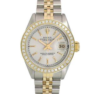 ROLEX DATEJUST SILVER TAPESTRY INDEX DIAL DIAMOND JUBILEE TWO-TONE WATCH 69173